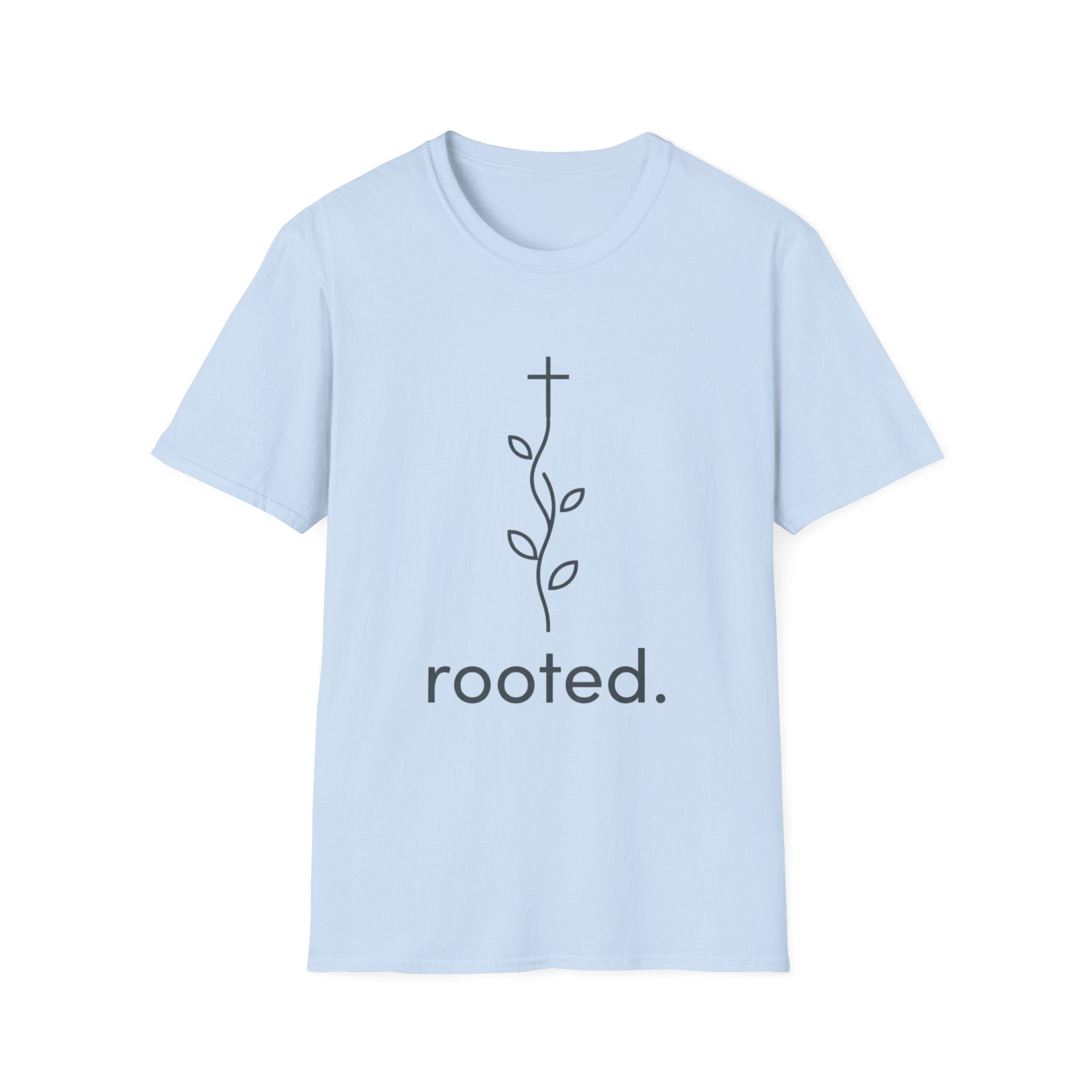 Rooted Christian T-Shirt — Minimal Cross & Vine Spiritual Tee