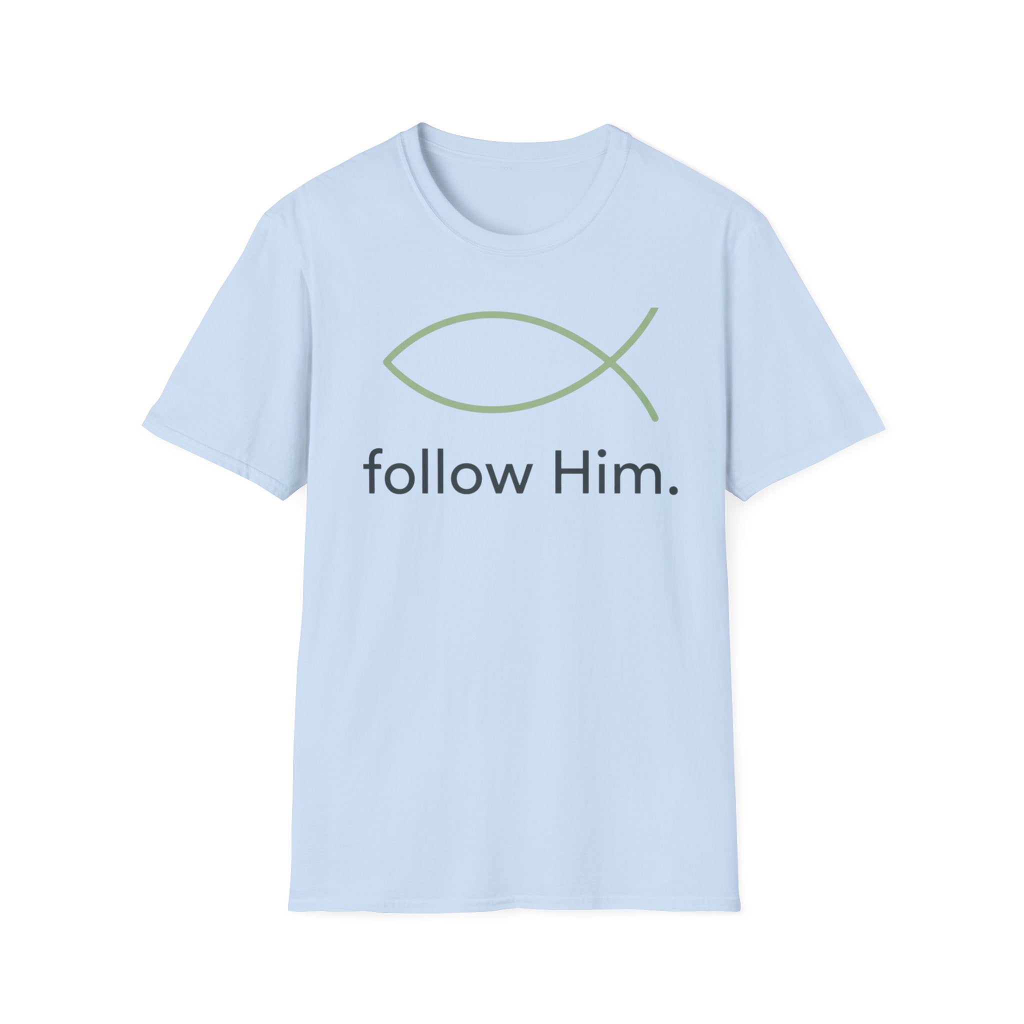 Follow Him Christian T-Shirt — Minimal Ichthys Fish Faith Tee