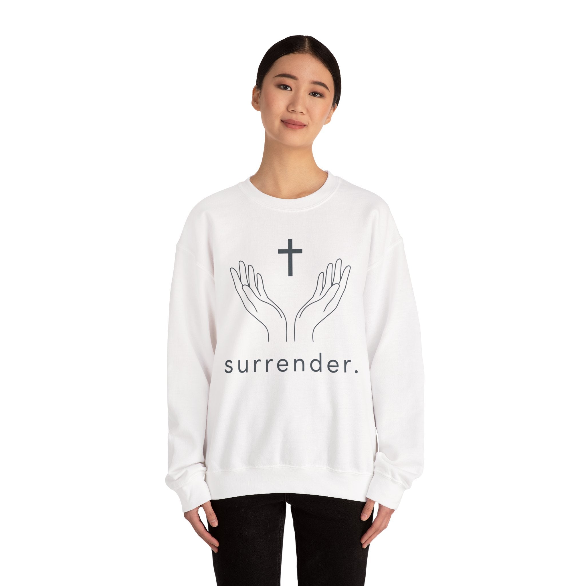 Surrender Christian Sweatshirt — Hands & Cross Faith Crewneck