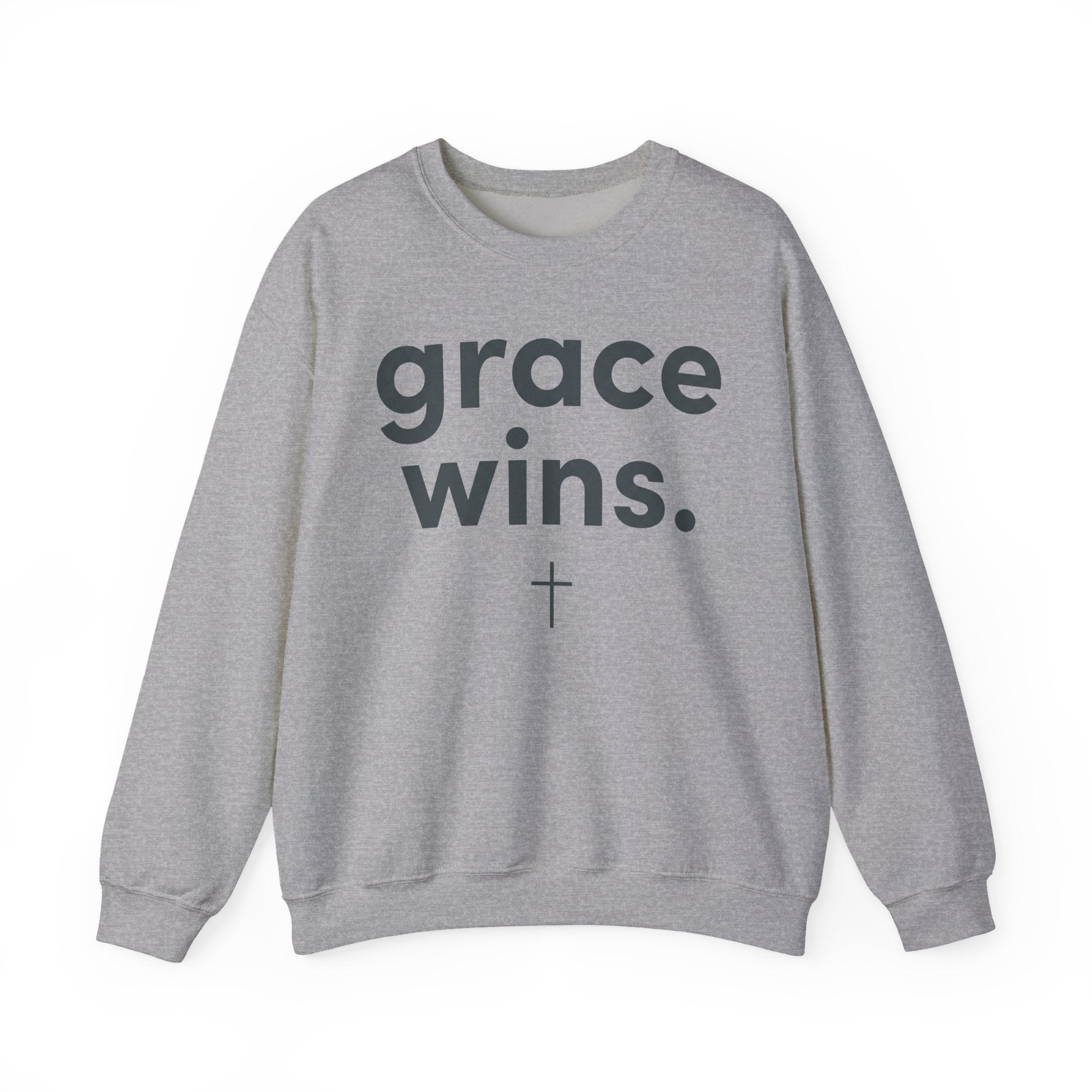Grace Wins Crewneck Sweatshirt — Inspirational Christian Pullover with Cross