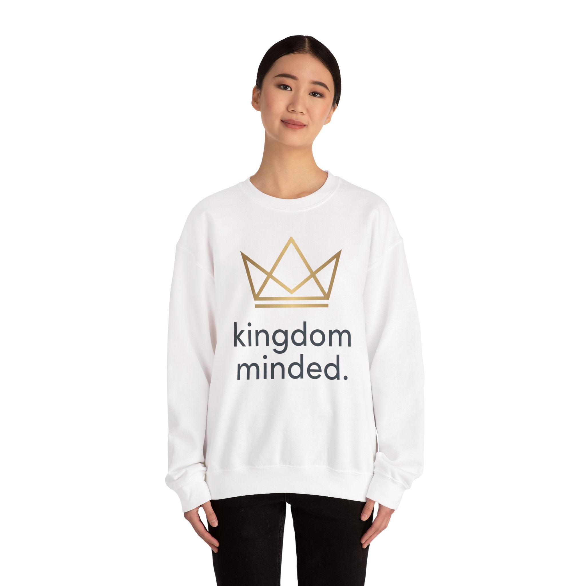 Crewneck Sweatshirt — "Kingdom Minded" Gold Crown Christian Graphic