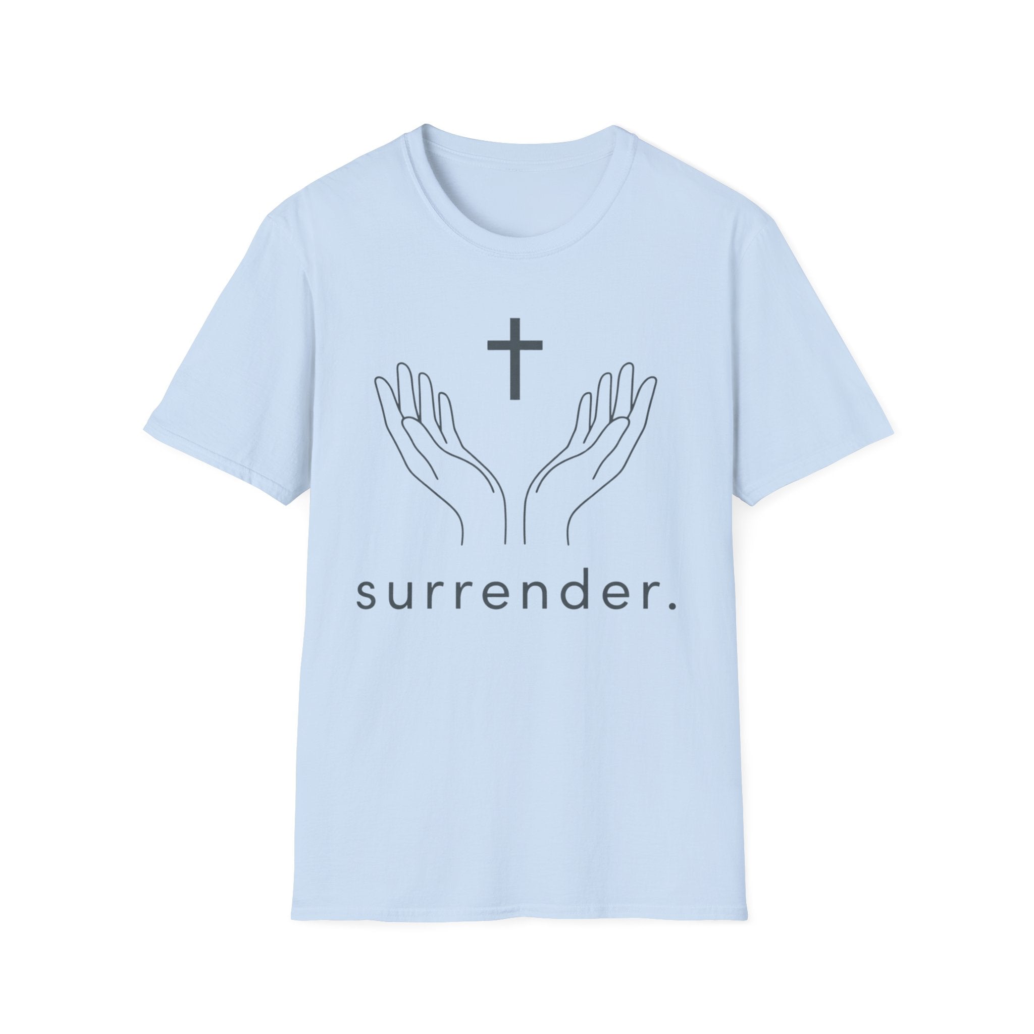 Surrender Christian T-Shirt — Minimal Prayer Hands & Cross Tee