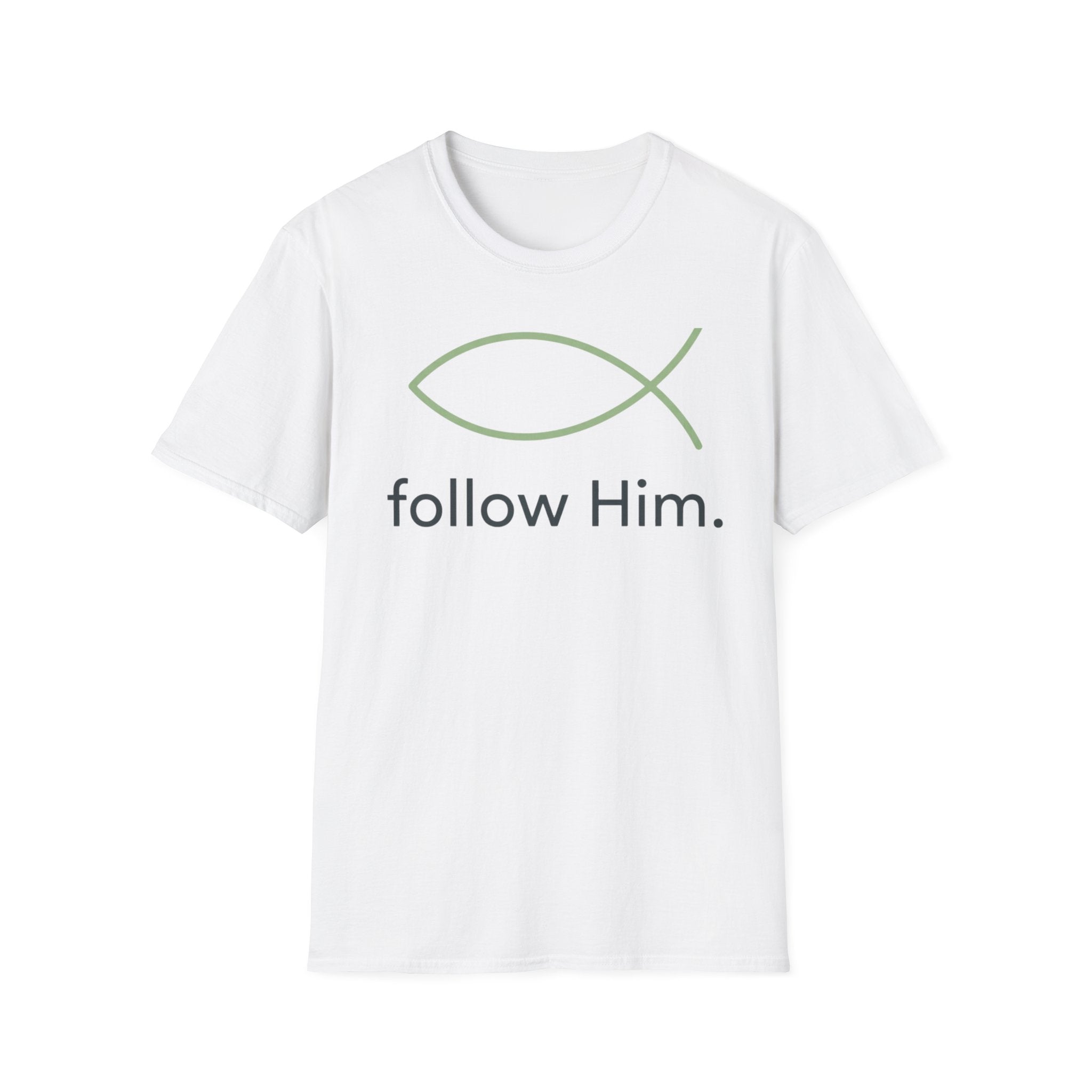 Follow Him Christian T-Shirt — Minimal Ichthys Fish Faith Tee