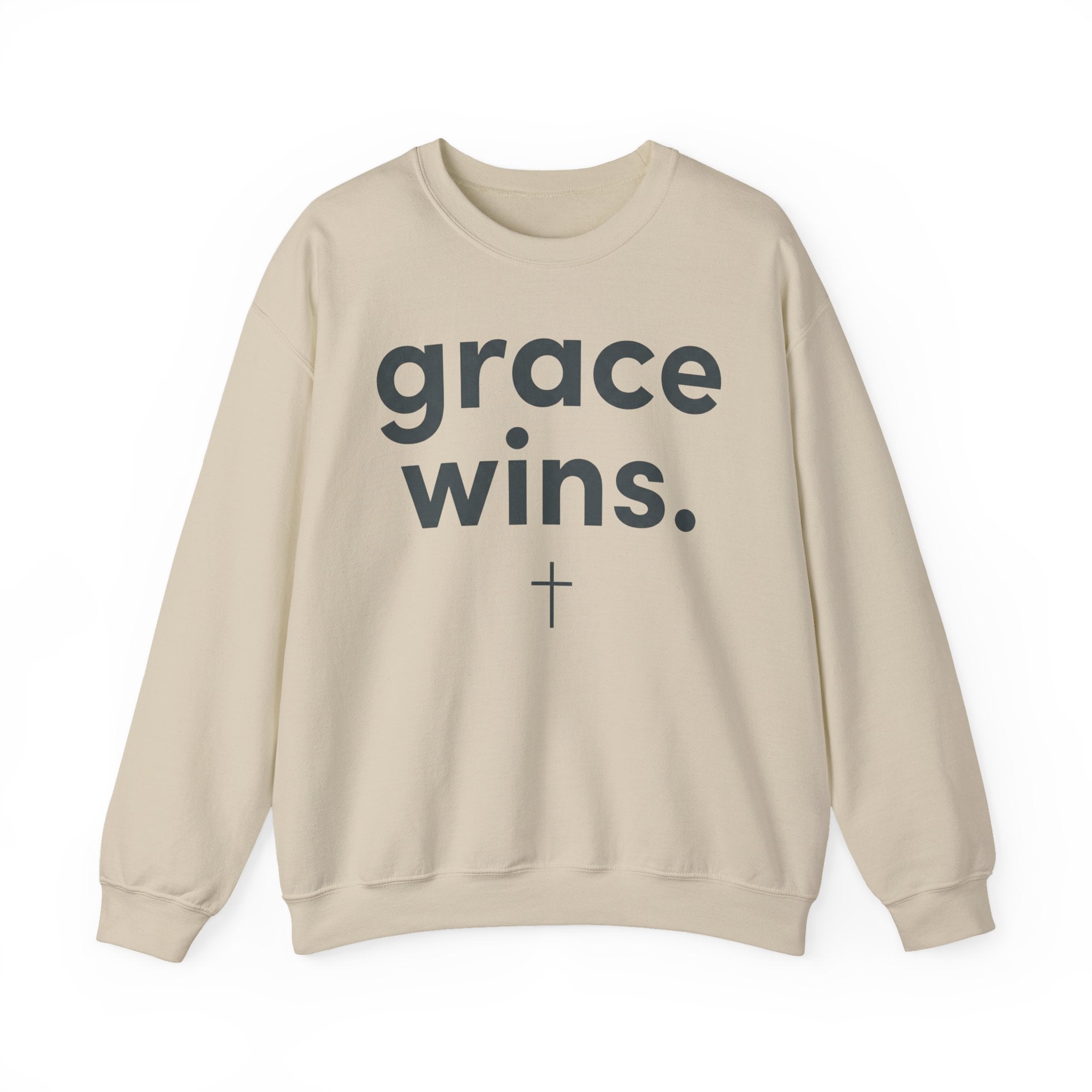 Grace Wins Crewneck Sweatshirt — Inspirational Christian Pullover with Cross