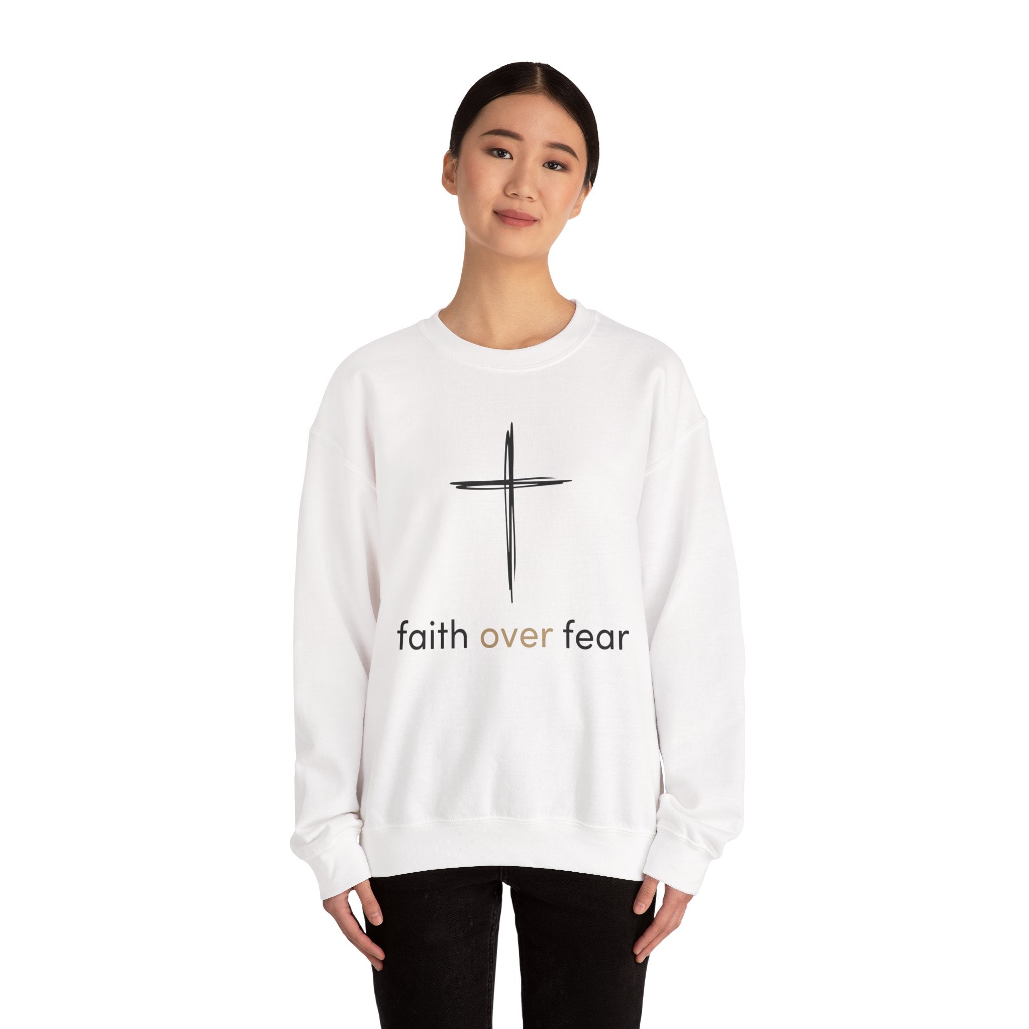 Faith Over Fear Crewneck Sweatshirt — Minimal Cross Christian Pullover