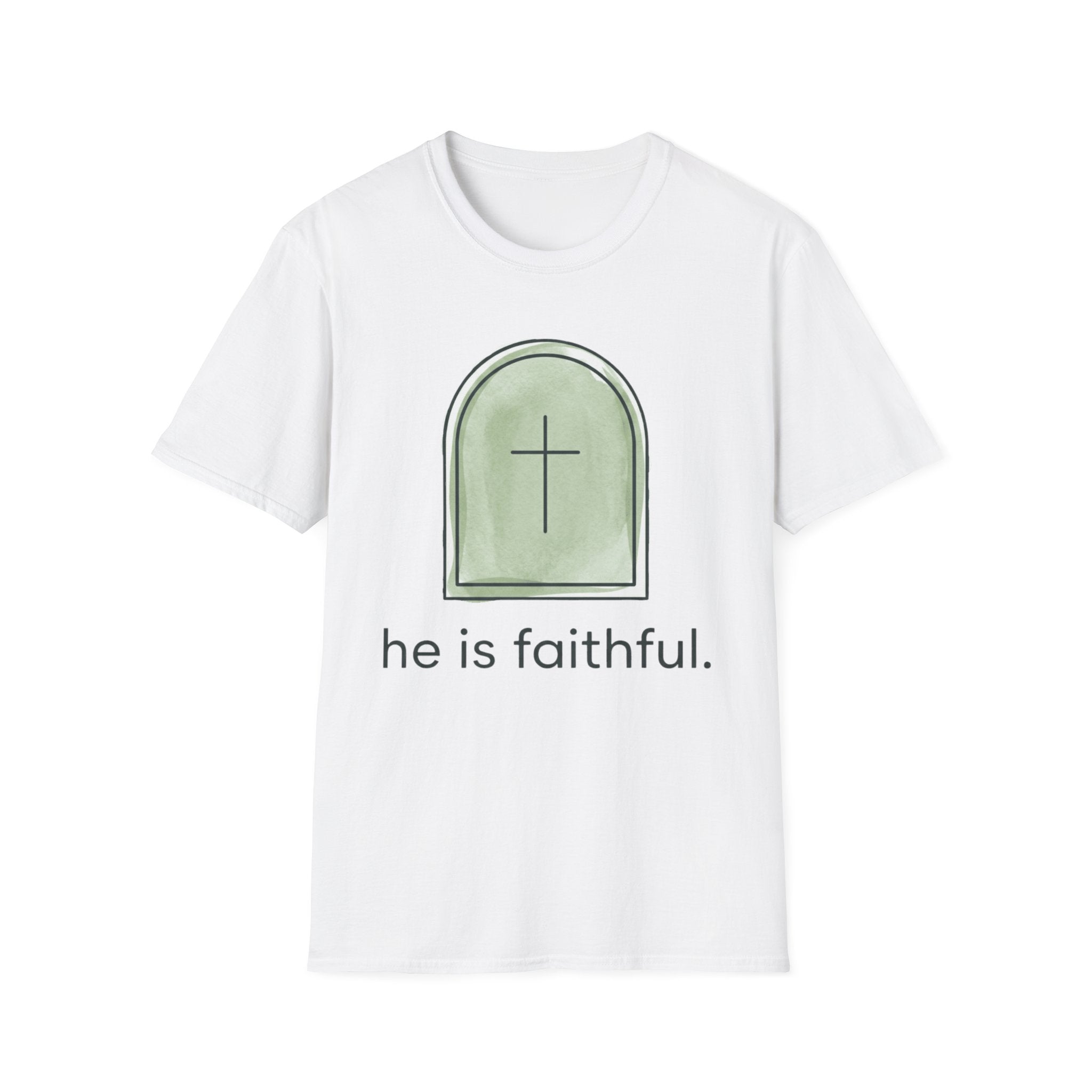 Faithful Cross T-Shirt — "he is faithful." Christian Inspirational Tee