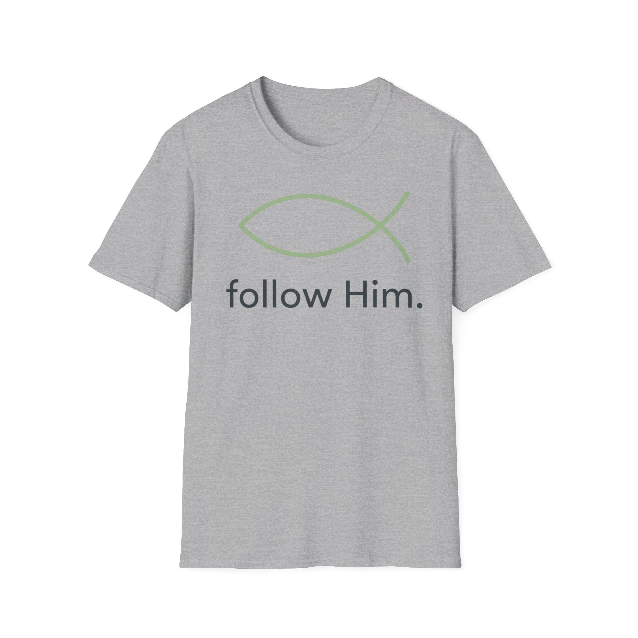 Follow Him Christian T-Shirt — Minimal Ichthys Fish Faith Tee