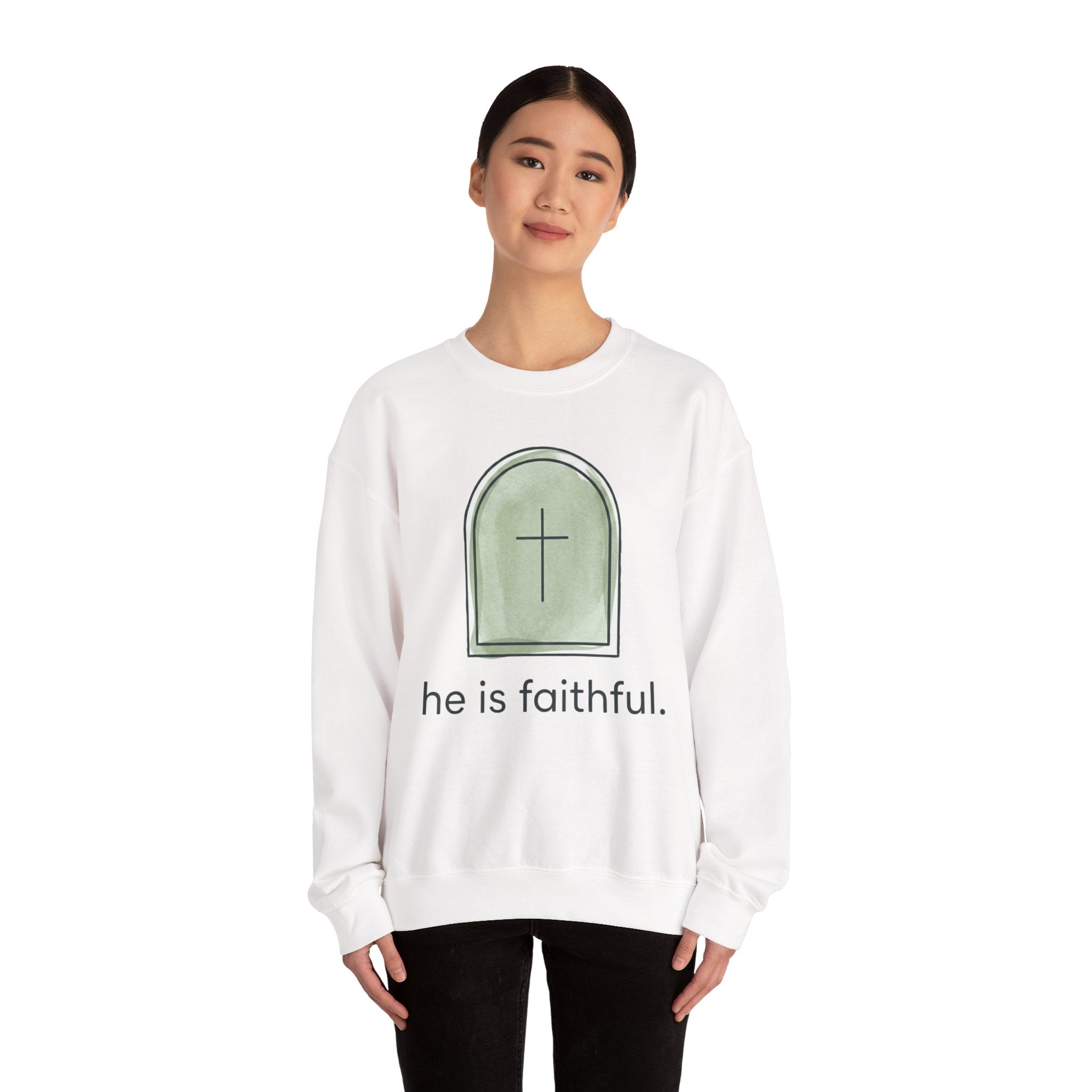 He Is Faithful Crewneck Sweatshirt — Christian Faith Graphic Sweatshirt