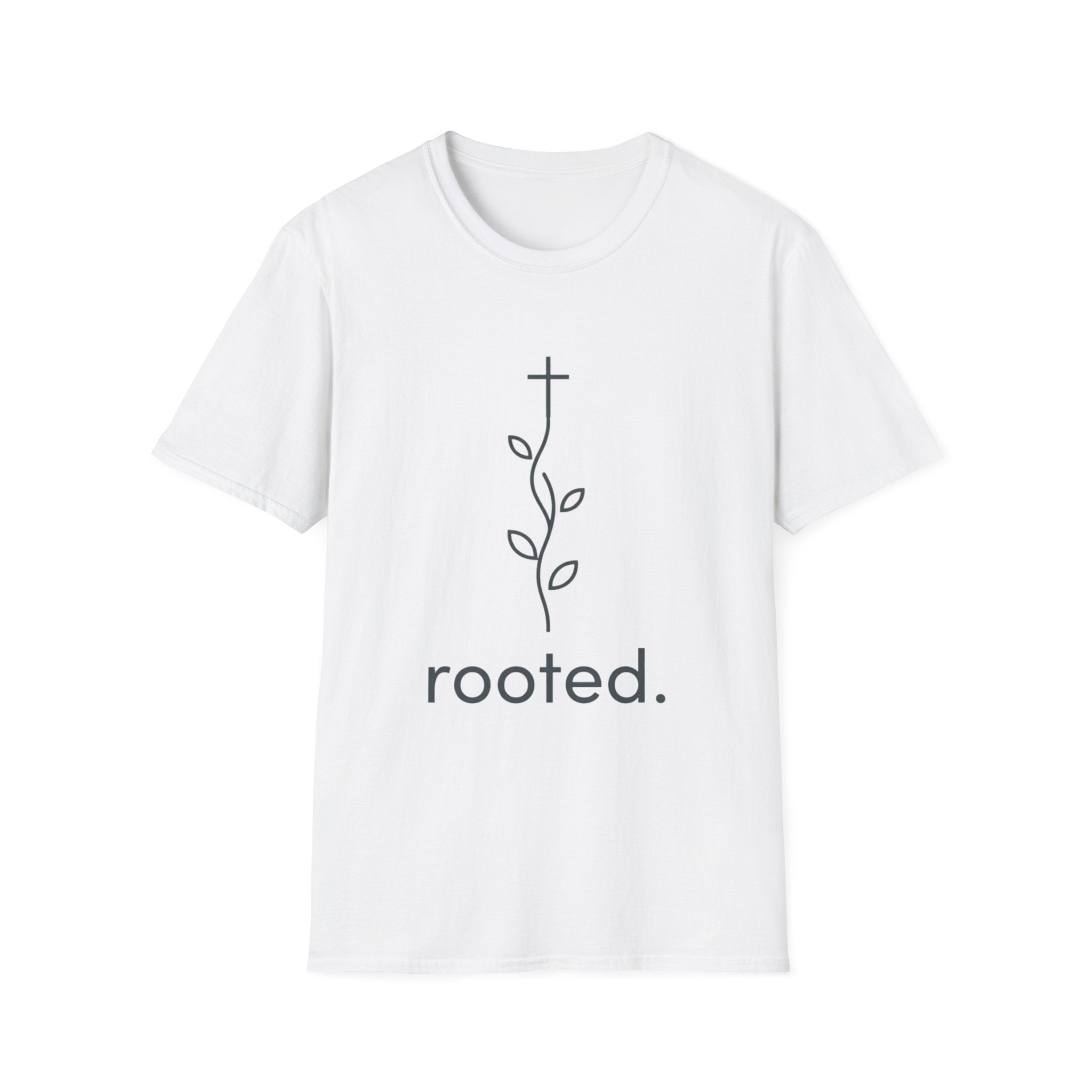 Rooted Christian T-Shirt — Minimal Cross & Vine Spiritual Tee
