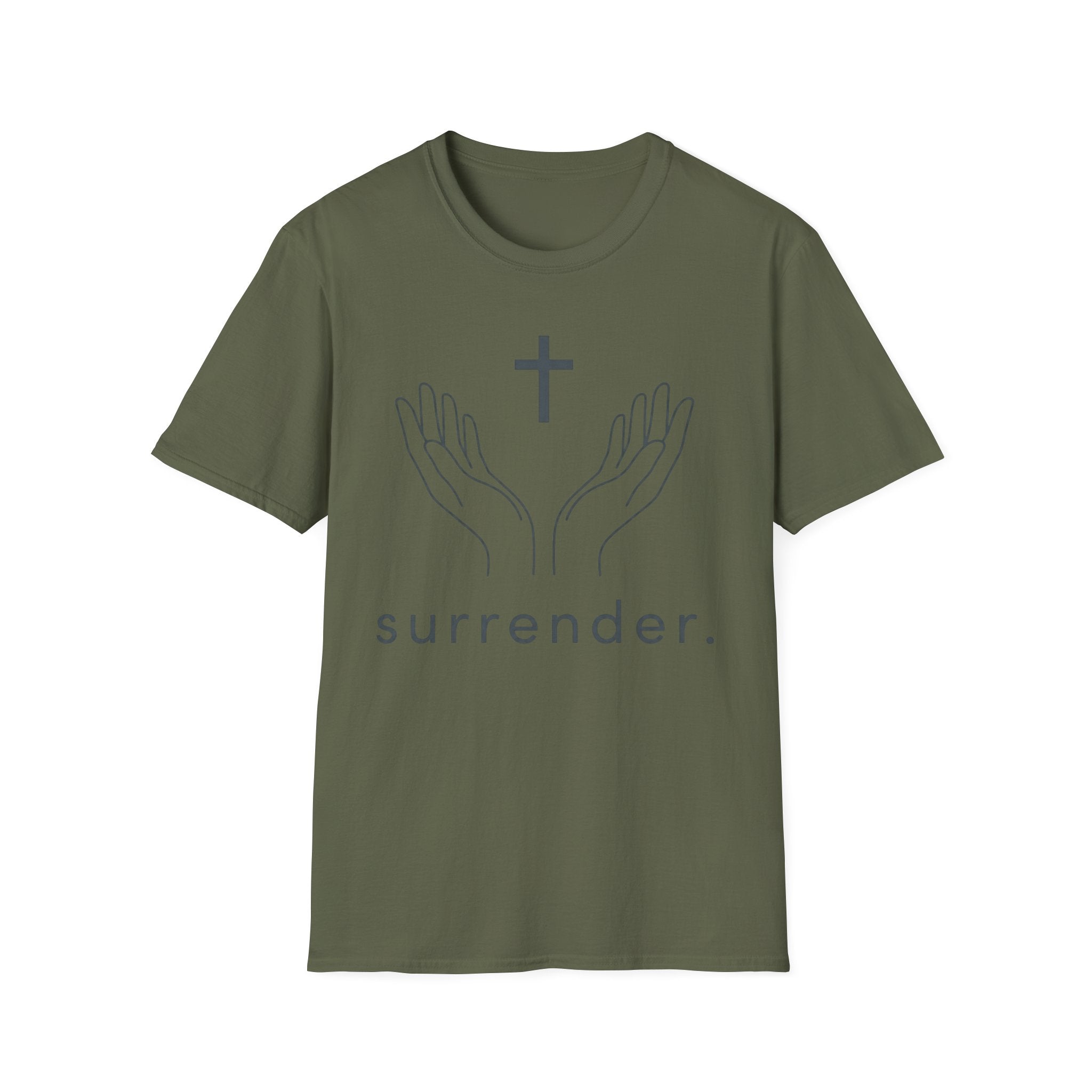 Surrender Christian T-Shirt — Minimal Prayer Hands & Cross Tee