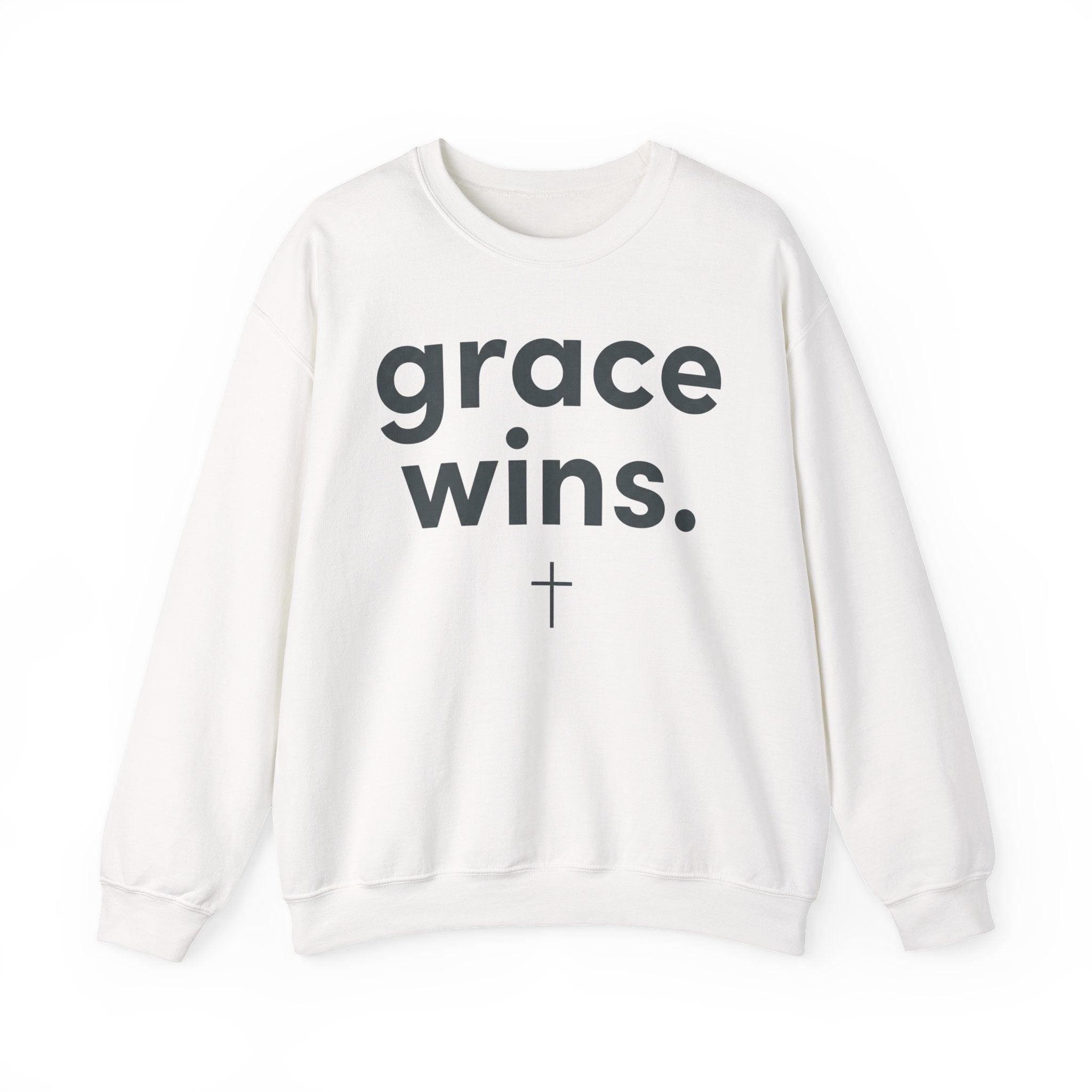 Grace Wins Crewneck Sweatshirt — Inspirational Christian Pullover with Cross