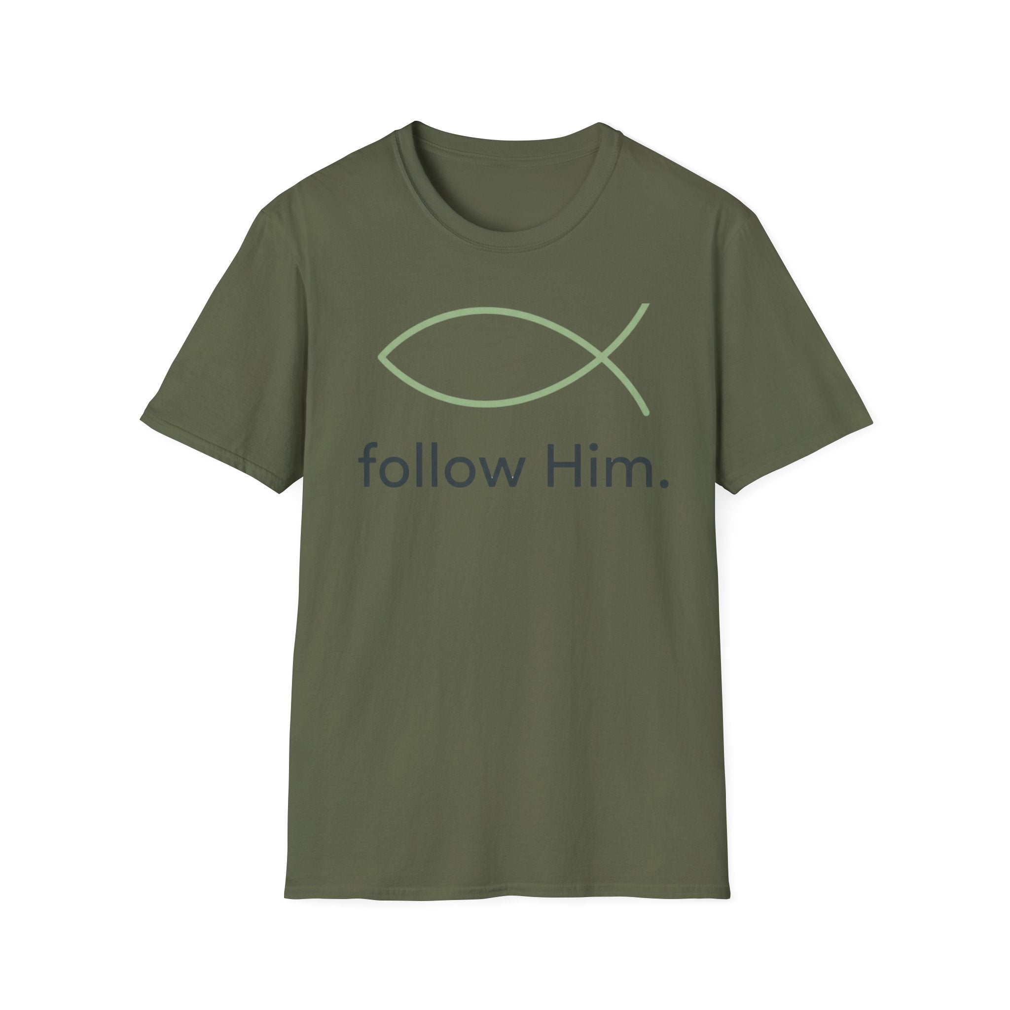 Follow Him Christian T-Shirt — Minimal Ichthys Fish Faith Tee