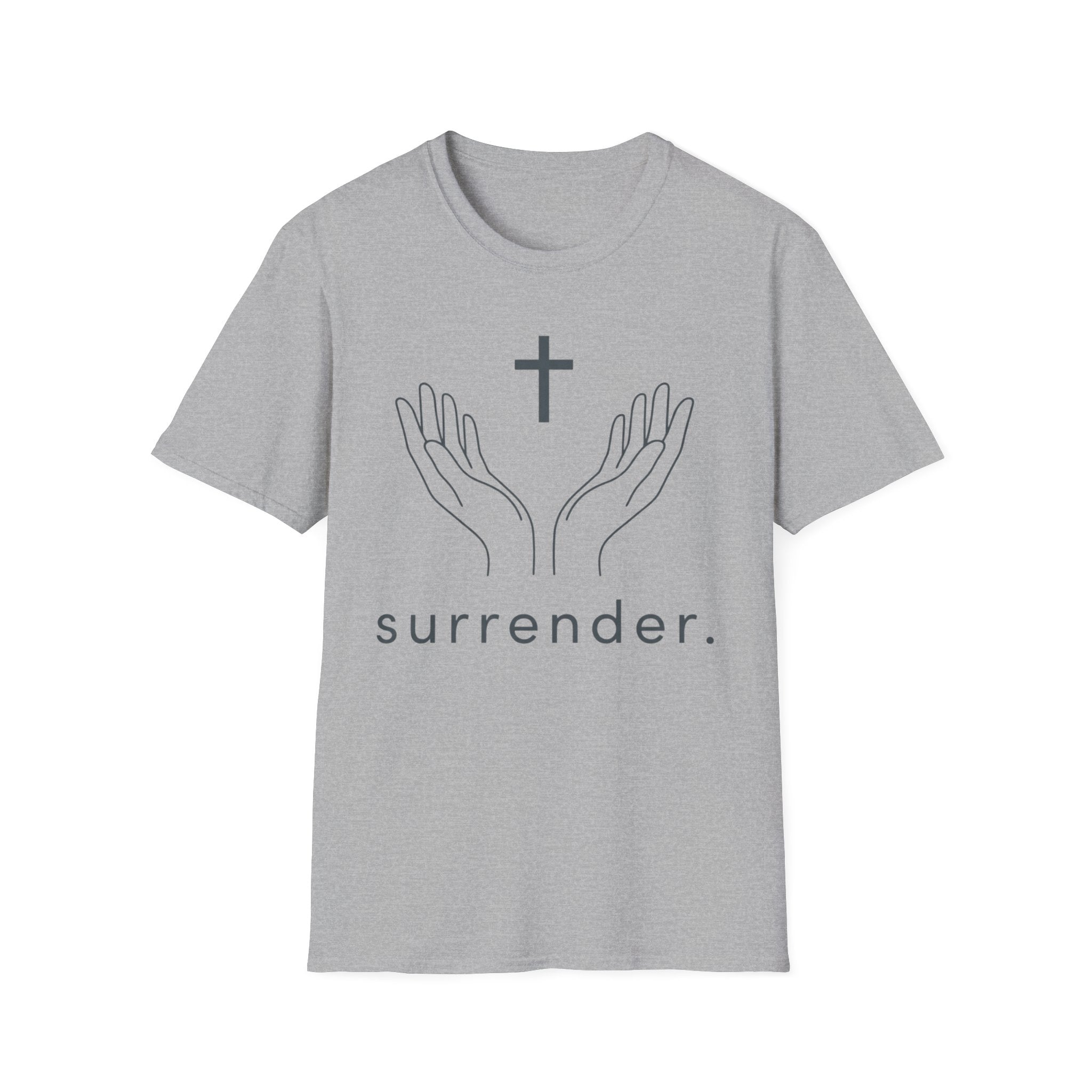 Surrender Christian T-Shirt — Minimal Prayer Hands & Cross Tee