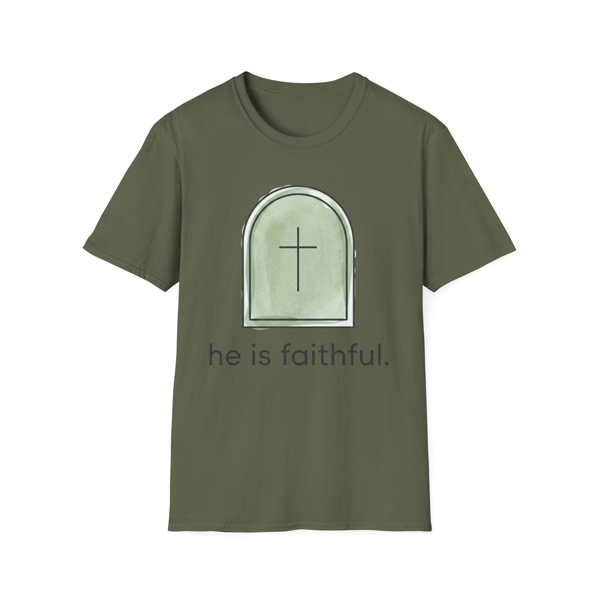 Faithful Cross T-Shirt — "he is faithful." Christian Inspirational Tee