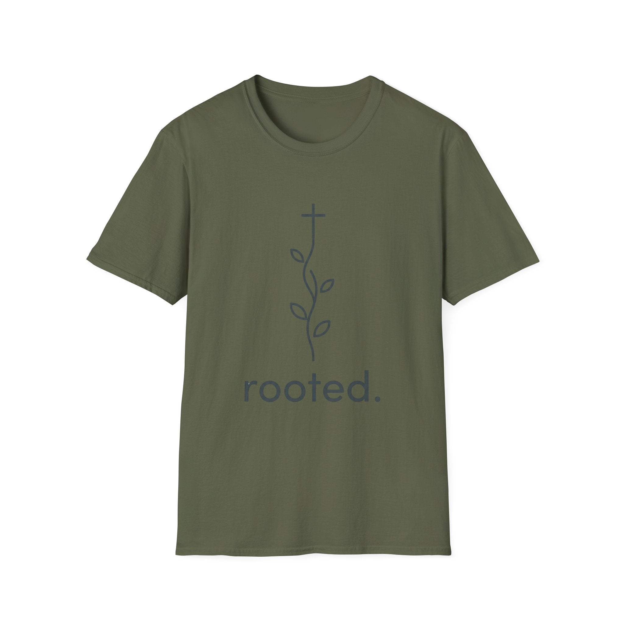 Rooted Christian T-Shirt — Minimal Cross & Vine Spiritual Tee