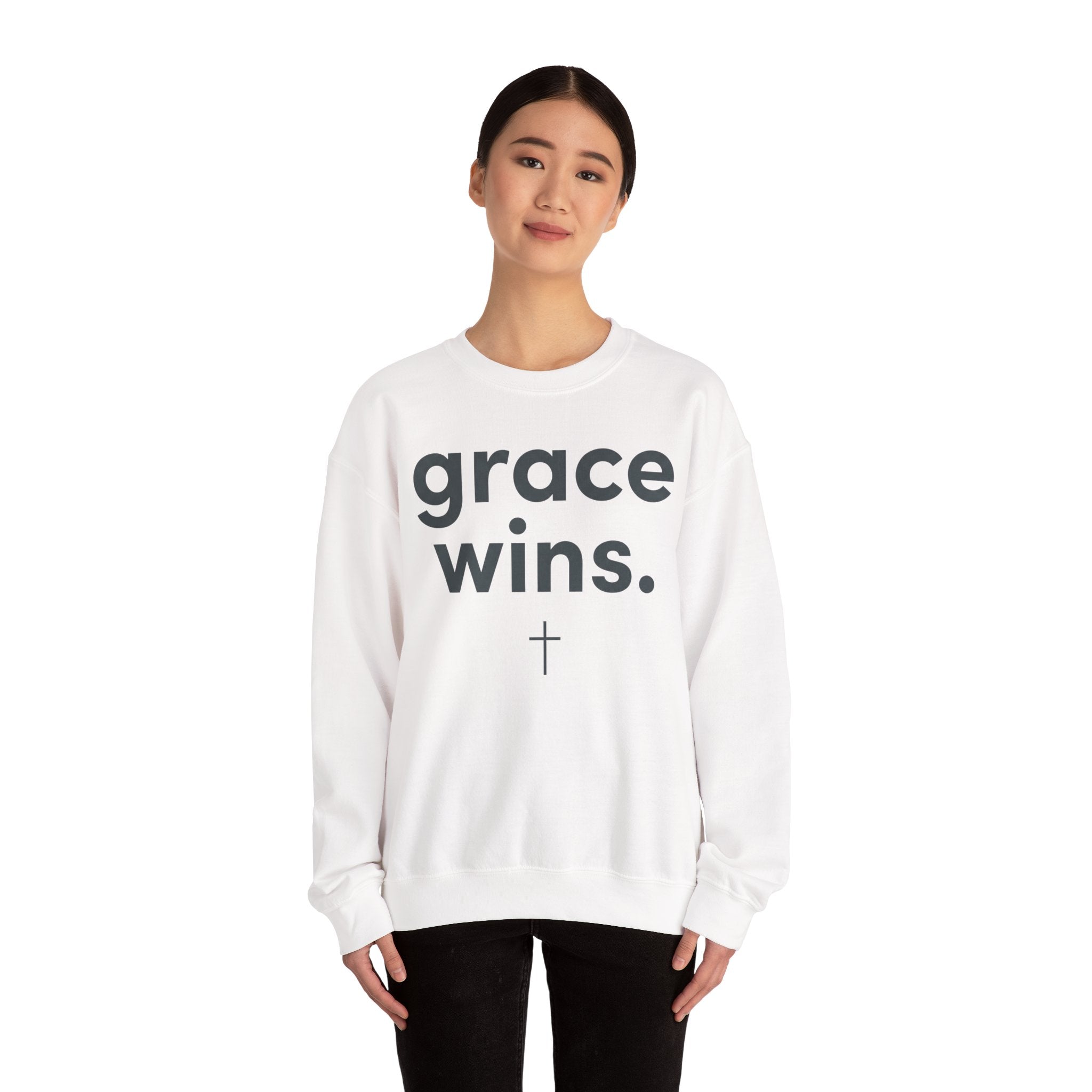 Grace Wins Crewneck Sweatshirt — Inspirational Christian Pullover with Cross